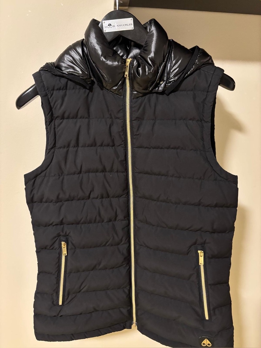 Moose Knuckles Black Quilted Puffer Vest with Gold Zipper